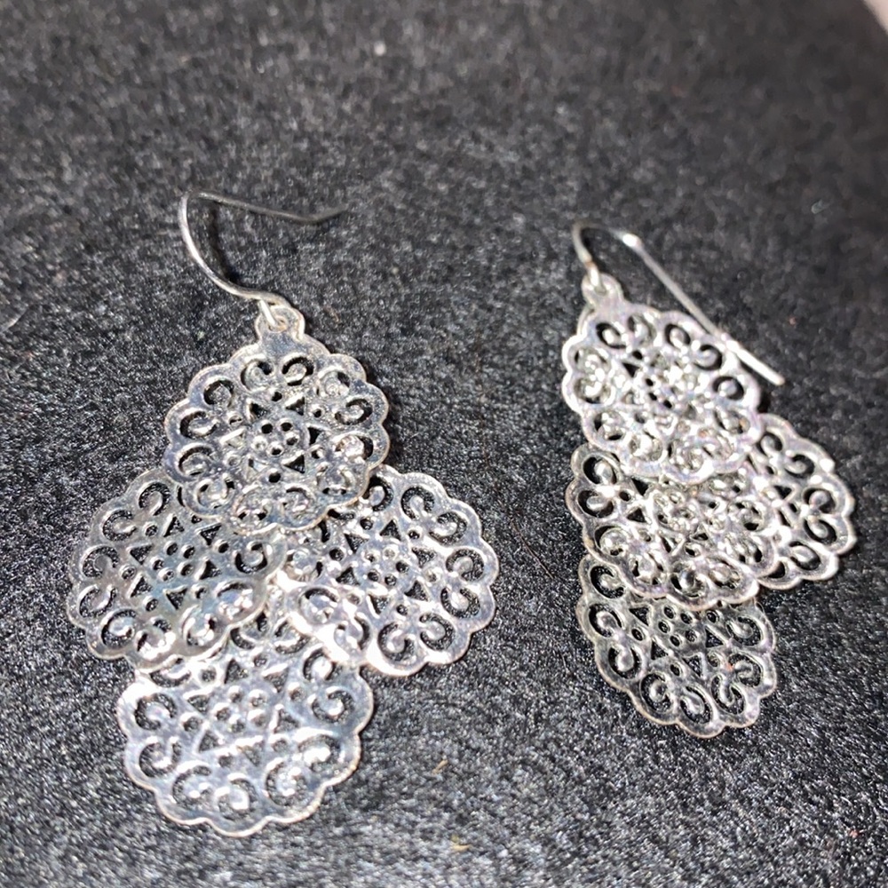 Liz Claiborne Open Work Moroccan Style Drop Dangle Earrings Silver Vintage1990’s